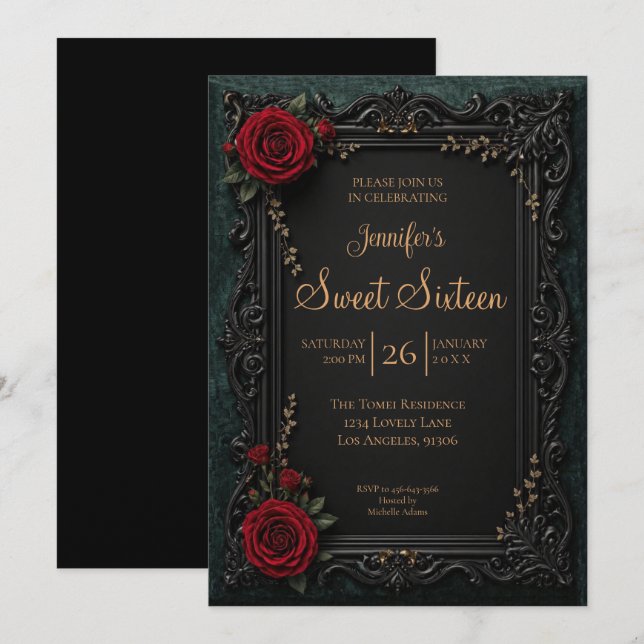 Invitation Fleur de gothique rouge foncé Sweet 16 (Devant / Derrière)