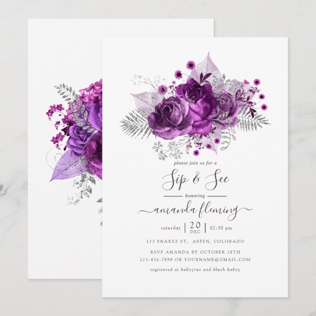Invitation Fleur de gouache prune et argent Sip and See (Devant / Derrière)