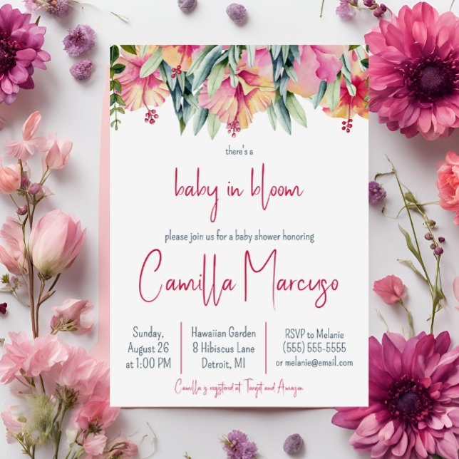 Invitation Fleur de Hibiscus Rose Bébé en Fleur Baby Shower (Créateur téléchargé)