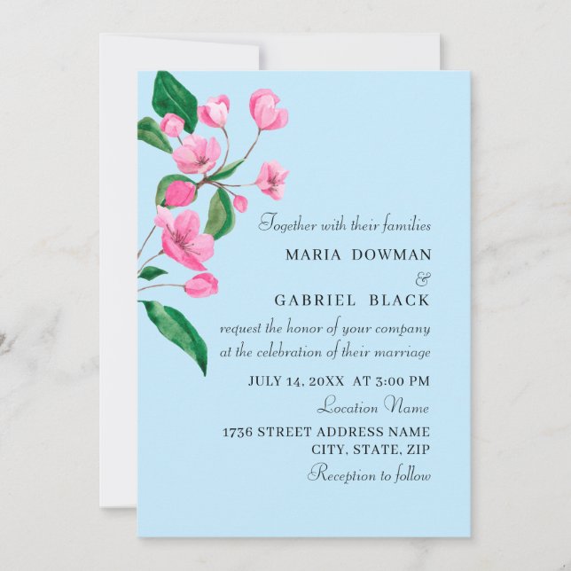 Invitation Fleur de jardin rose. Mariage naturel de printemps (Devant)
