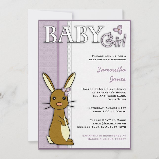 Invitation Fleur de lapin mou de Baby shower féminin - violet (Devant)