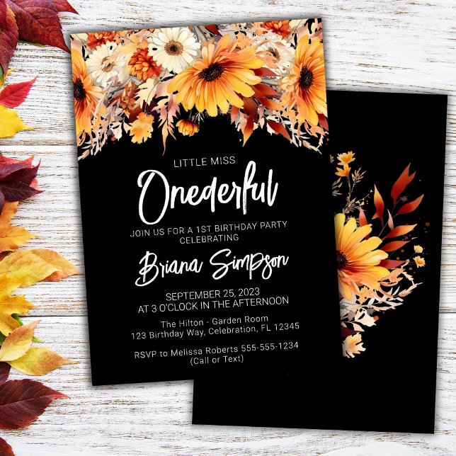 Invitation Fleur de l'automne pour 1er anniversaire noir (Créateur téléchargé)