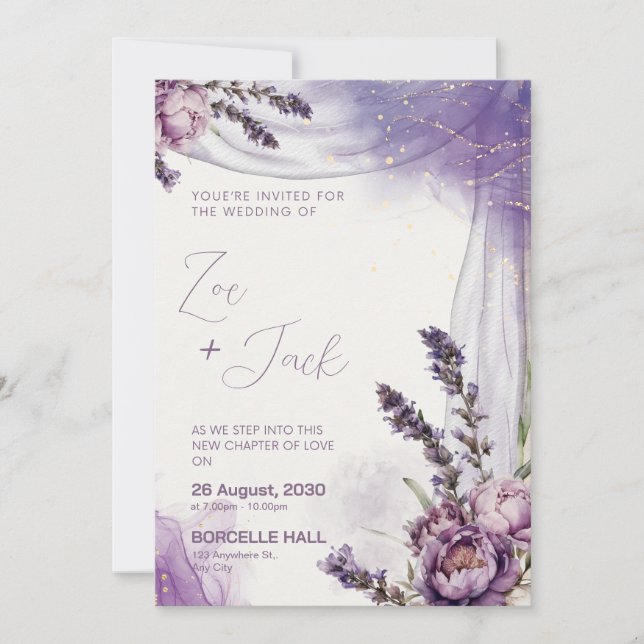 Invitation Fleur de Lavande Blanche Violette Dessin Élégant (Devant)