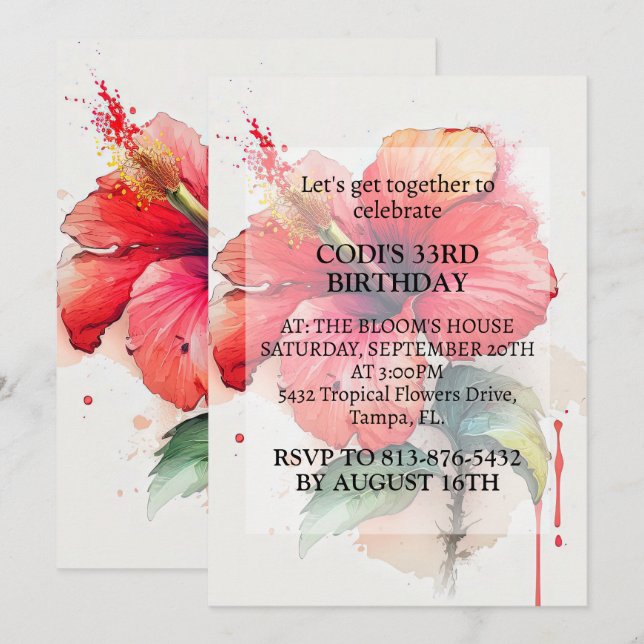 Invitation Fleur de l'Hibiscus rouge fête d'anniversaire (Devant / Derrière)