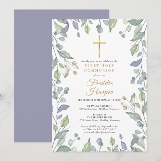 Invitation Fleur de lilas aquarelle Première Sainte Communion (Devant / Derrière)