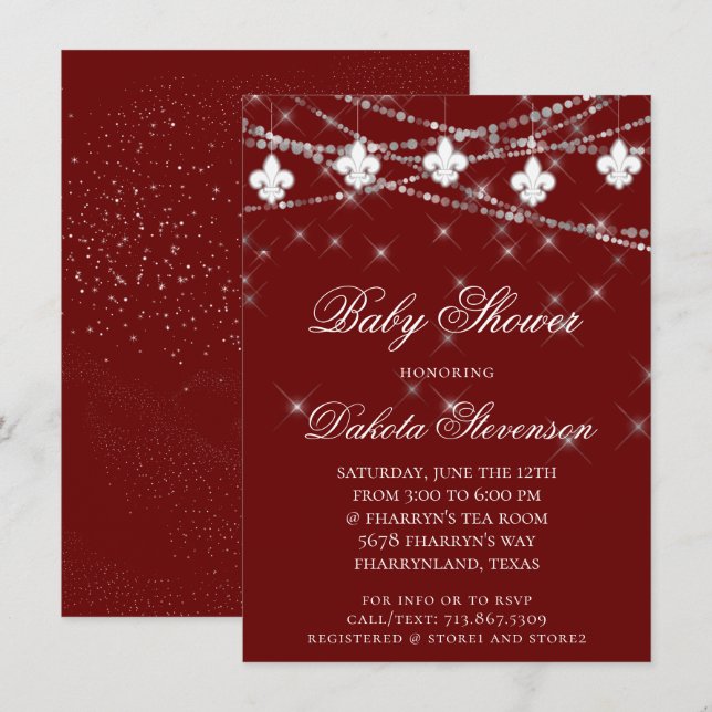 Invitation Fleur de Lis | Baby shower rouge Bourgogne (Devant / Derrière)