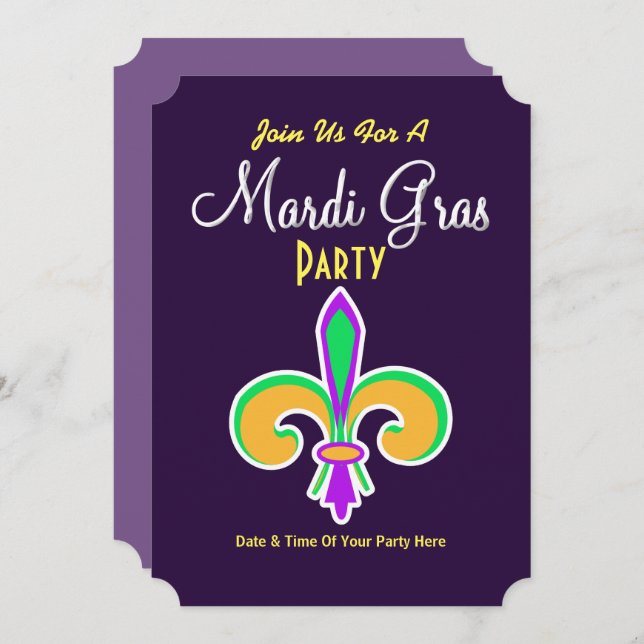 Invitation Fleur De Lis Couleurs de Mardi Gras (Devant / Derrière)