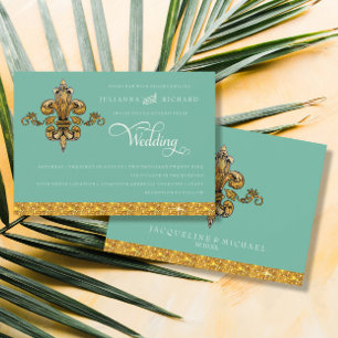 Invitation Fleur de Lis Gold Turquoise Aqua Mariage