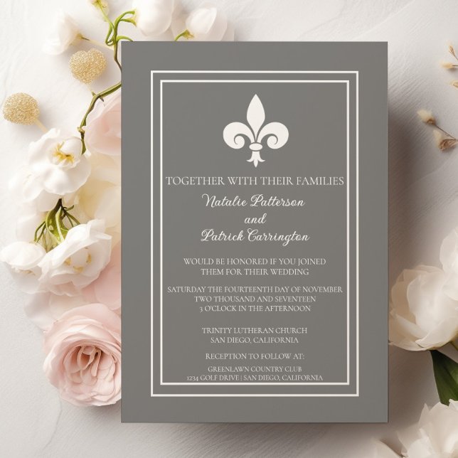 Invitation Fleur de Lis gris (Gray Fleur de Lis Wedding Invitation)
