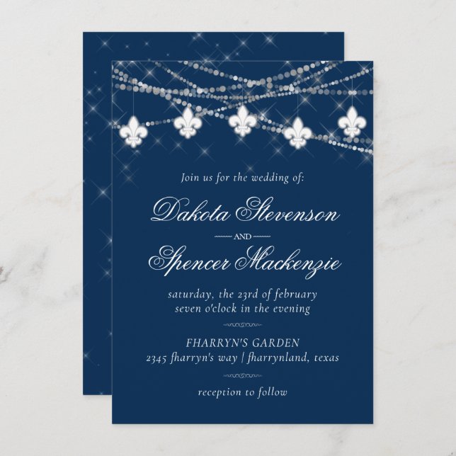 Invitation Fleur de Lis Lumières Bleues Marine | Mariage rust (Devant / Derrière)