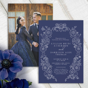 Invitation Fleur de lis mariage bleu marine blanc
