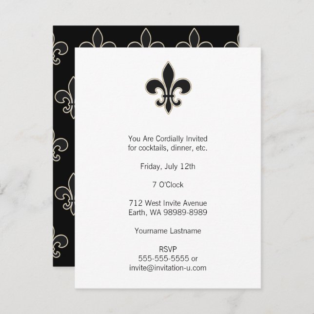 Invitation Fleur de Lis Noir avec Blanc et Or (Devant / Derrière)