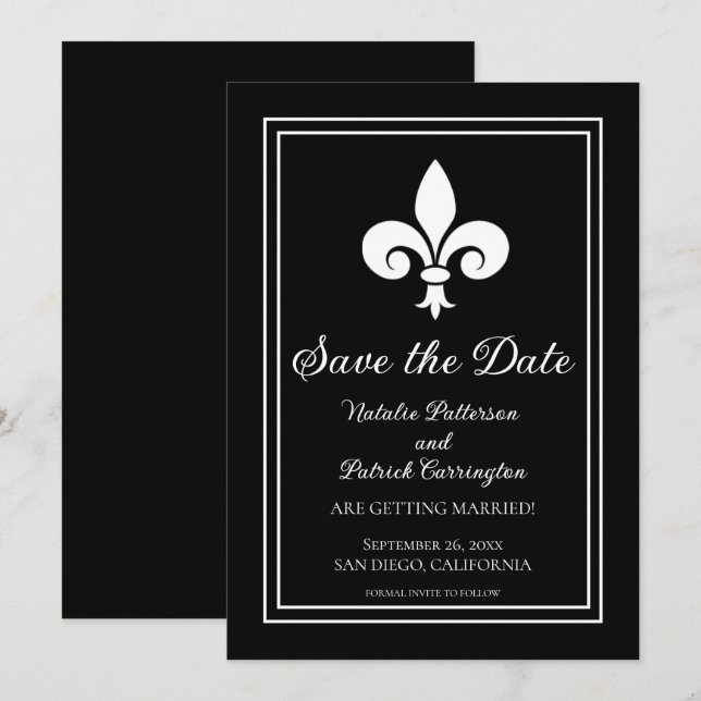 Invitation Fleur de Lis Noir pour annoncer la date (Devant / Derrière)