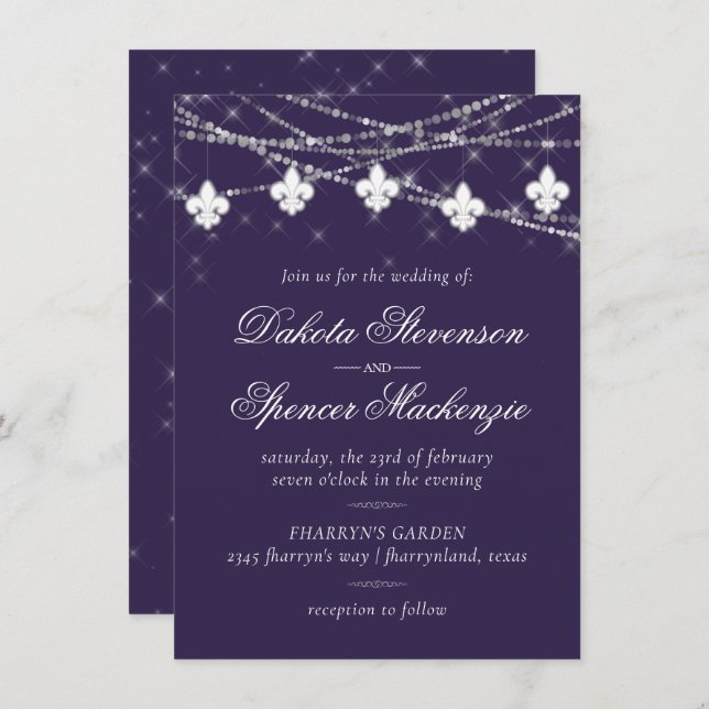Invitation Fleur de Lis | Purple Moody Theme Mariage (Devant / Derrière)