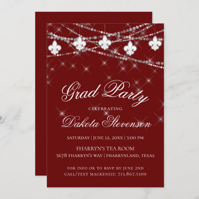 Invitation Fleur de Lis | Red Theme Graduation Party (Devant / Derrière)