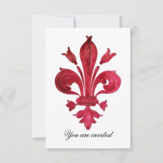 Invitation FLEUR DE LIS ROUGE ANTIQUE Monogramme Gemme Damass (Devant)