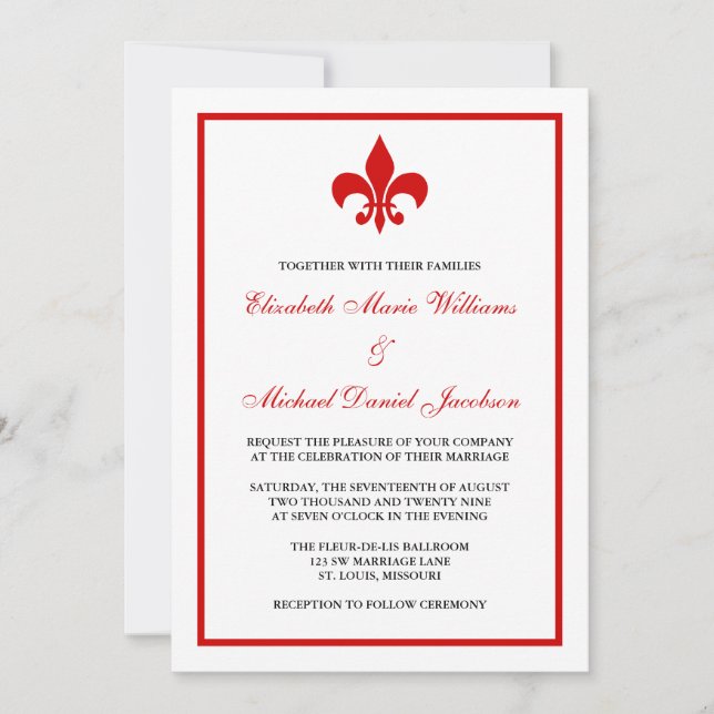 Invitation Fleur de Lis rouge et noir Mariage (Devant)