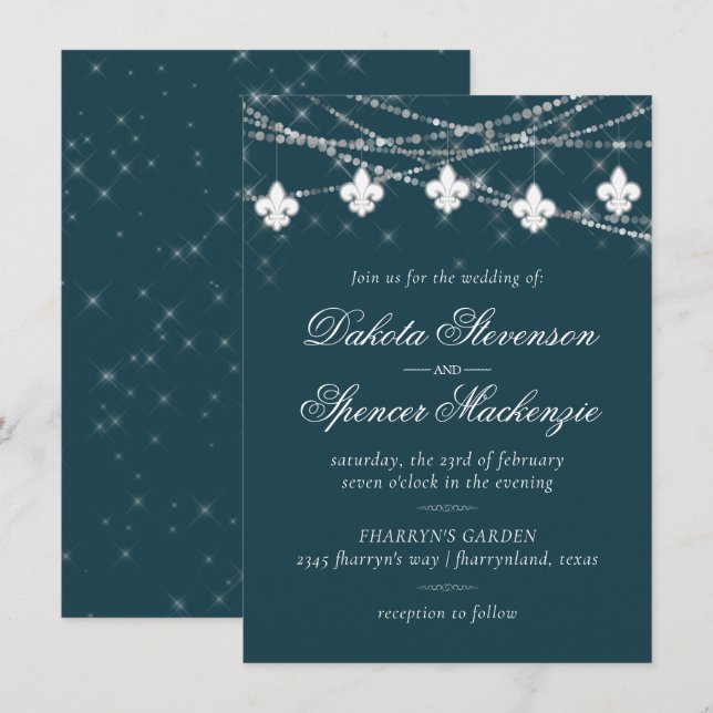Invitation Fleur de Lis Turquoise | Moody Dark Mariage (Devant / Derrière)
