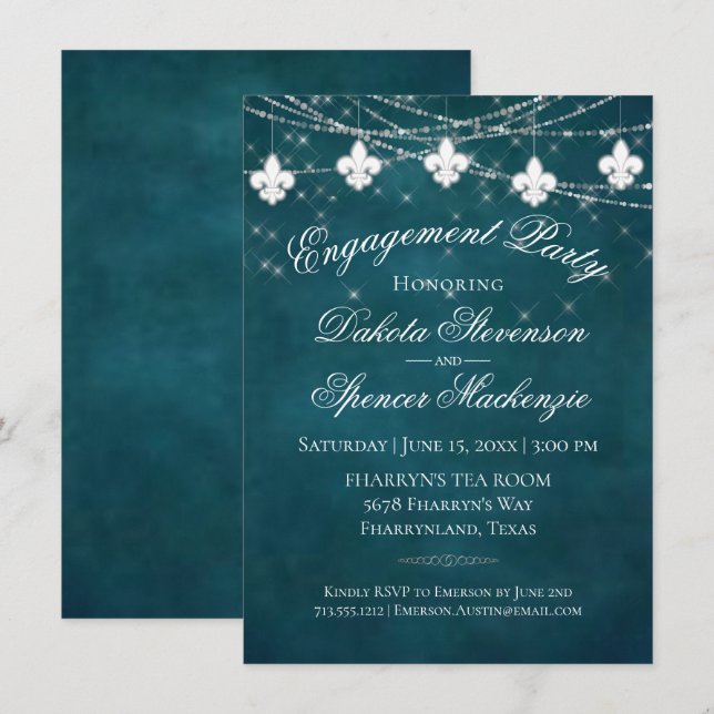 Invitation Fleur de Lis Turquoise | Moody Engagement Party (Devant / Derrière)