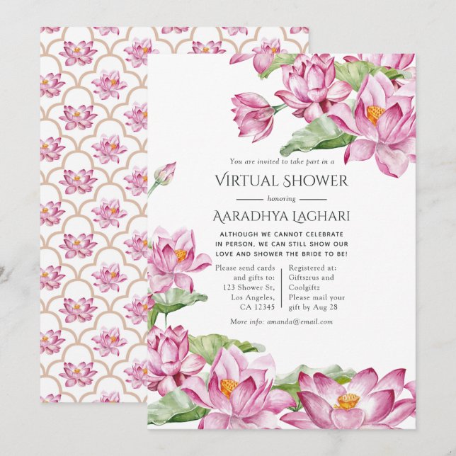 Invitation Fleur de lotus à l'aquarelle Douche virtuelle indi (Devant / Derrière)