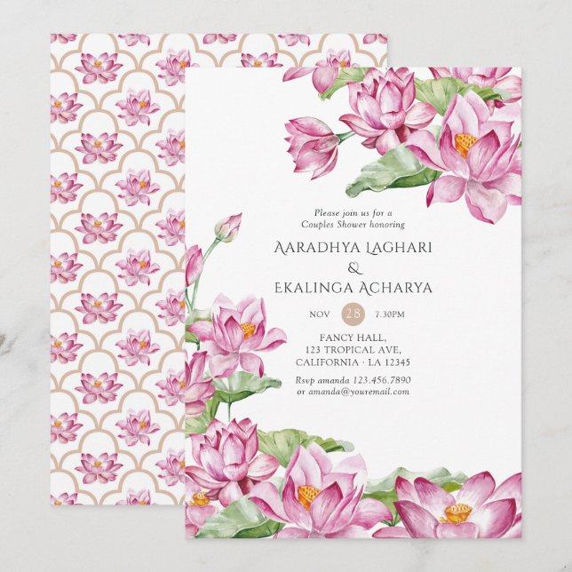 Invitation Fleur de lotus aquarelle douche pour couples indie (Devant / Derrière)