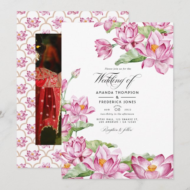 Invitation Fleur de Lotus Mariage Indien (Devant / Derrière)