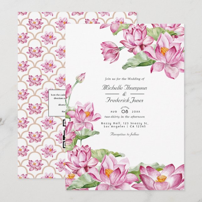 Invitation Fleur de Lotus Mariage Indien QR Code RSVP (Devant / Derrière)