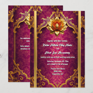 Invitation Fleur de lotus prune or hindi hindou mariage éléga