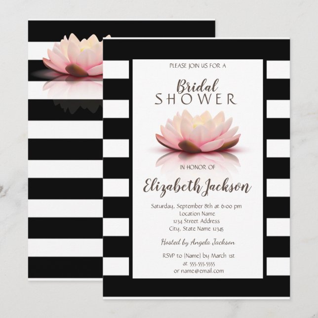 Invitation Fleur de Lotus Rayures Noires et Blanches Baby Sho (Devant / Derrière)