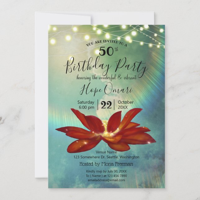 Invitation Fleur de lotus rouge | Fête d'anniversaire 50 ans  (Devant)