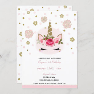 Invitation Fleur de l'Unicorne Gold & Pink en fleurs
