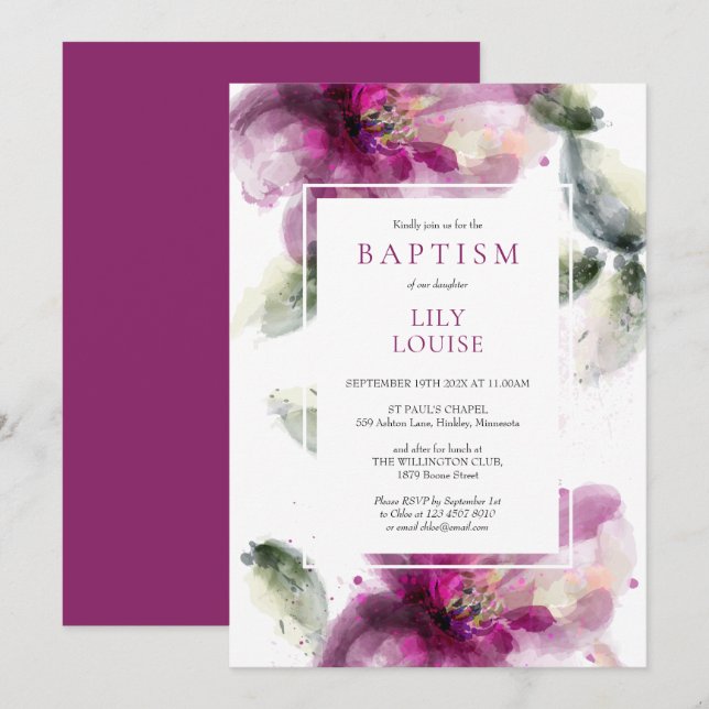 Invitation Fleur de lys aquarelle rose Baptême (Devant / Derrière)
