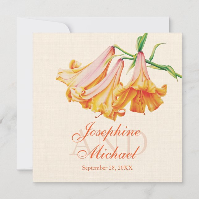 Invitation Fleur de lys main aquarelle crayon orange mariage (Devant)