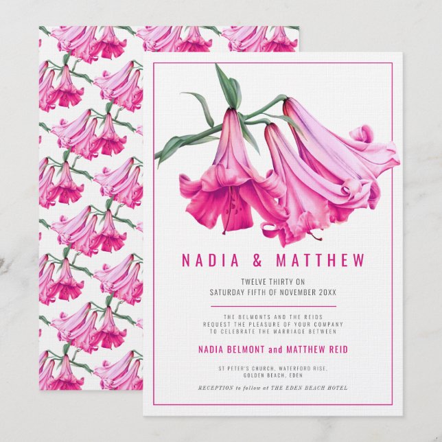 Invitation Fleur de lys rose en aquarelle pour mariage (Devant / Derrière)