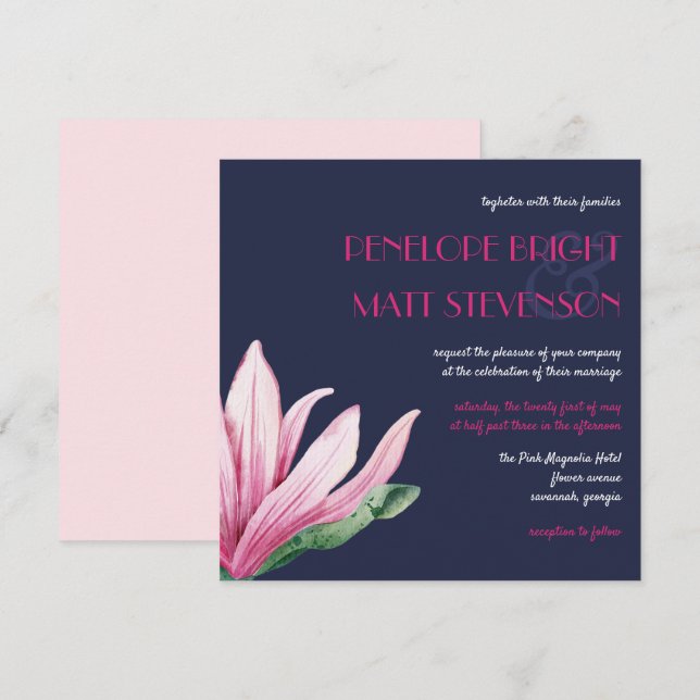 Invitation Fleur De Magnolia Rose En Fleur | Mariage bleu (Devant / Derrière)