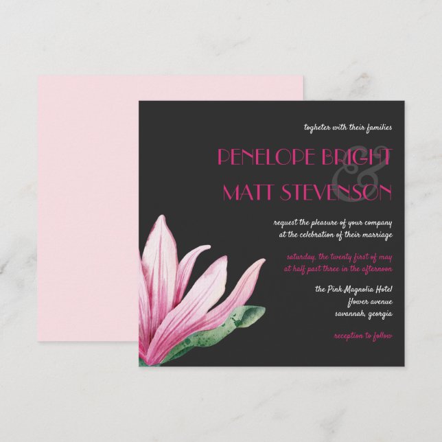 Invitation Fleur De Magnolia Rose En Fleur | Mariage gris (Devant / Derrière)