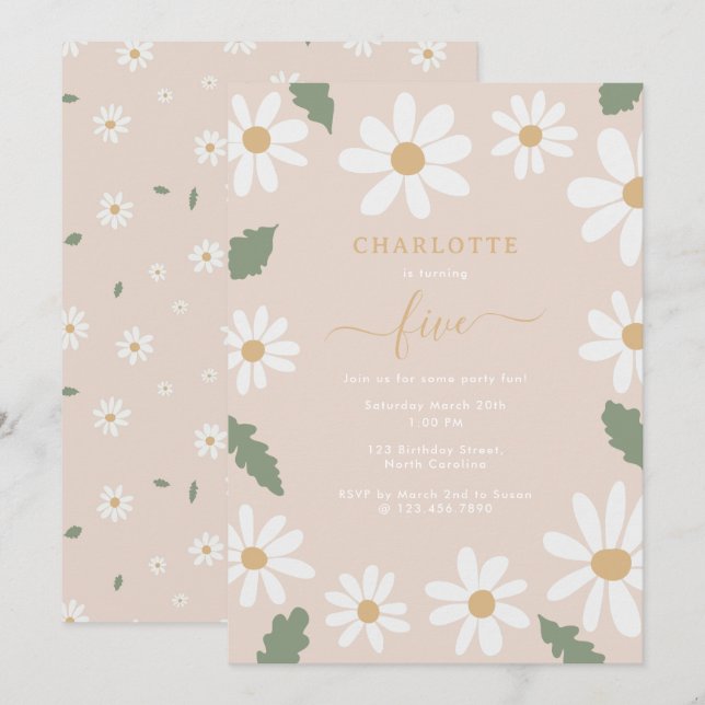 Invitation Fleur de marguerite mignonne Fête d'anniversaire F (Devant / Derrière)