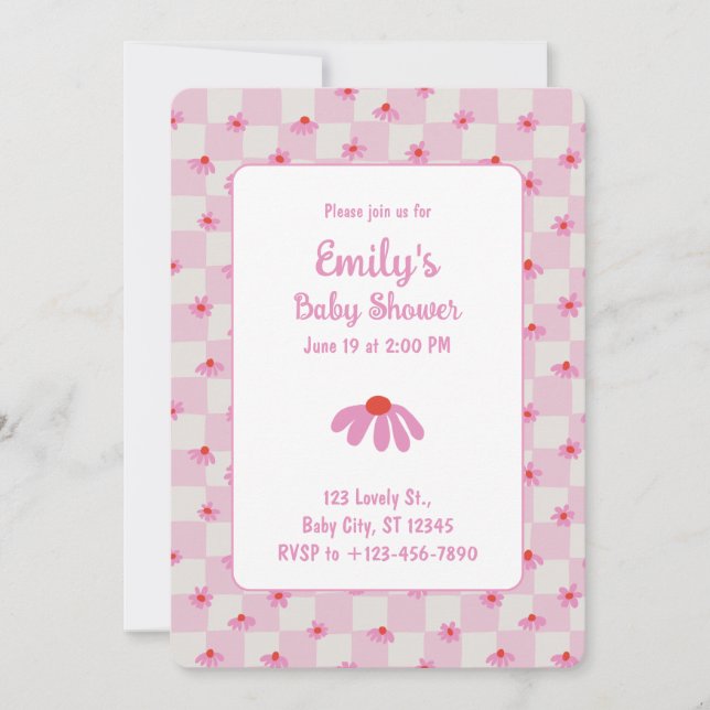 Invitation Fleur de marguerite rose pour bébé fille | Invitat (Devant)