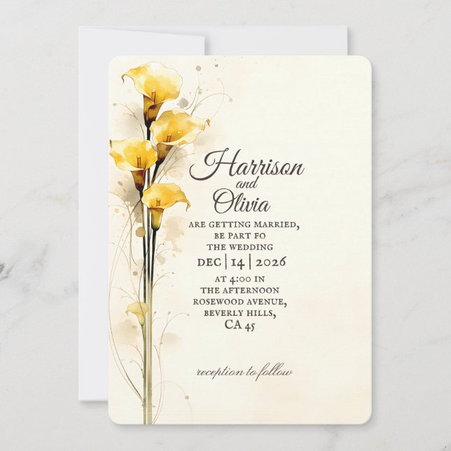 Invitation Fleur de mariage aquarelle simple lys calla jaune (Devant)