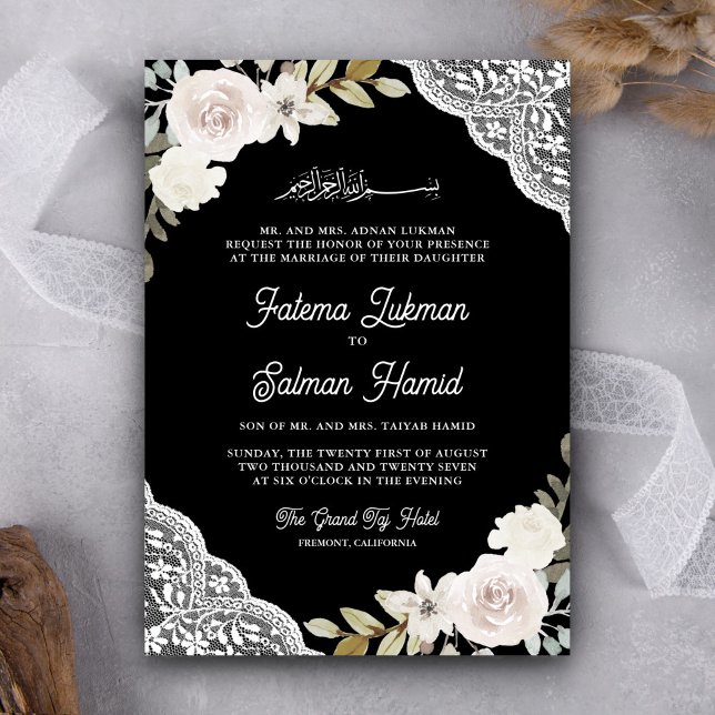 Invitation Fleur de mariage musulmane Code QR noir dentelle r (Créateur téléchargé)