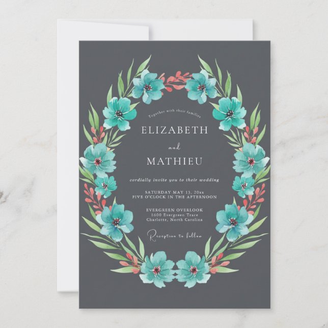 Invitation Fleur de mariage Teal Flourish (Devant)