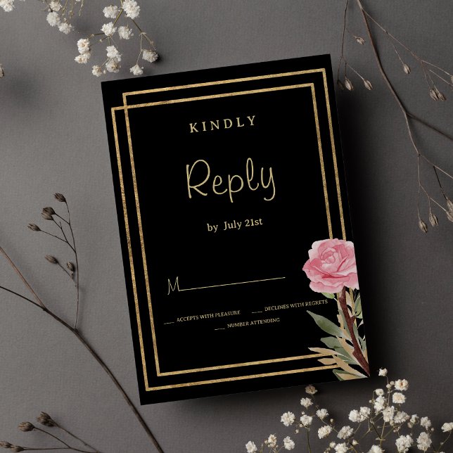Invitation Fleur de menthe rose or noir géométrique RSVP (Geometric black gold pink mint flower RSVP )