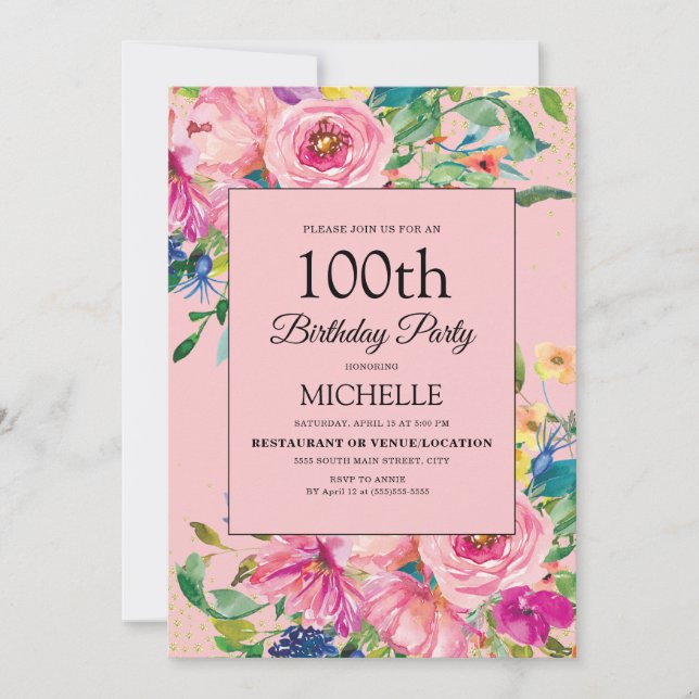Invitation Fleur de naissance élégante rose aquarelle (Devant)