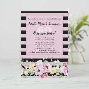 Invitation Fleur de naissance rayée rose blush noir classe