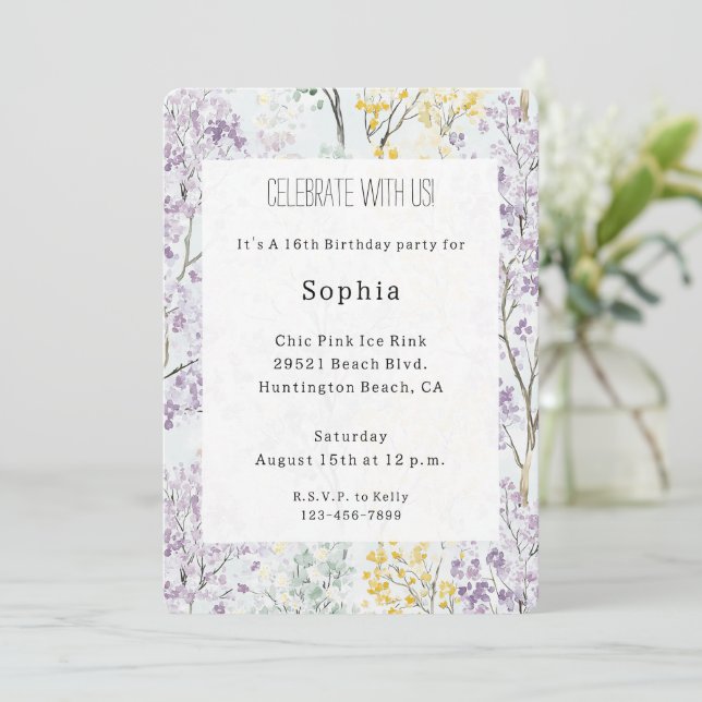 Invitation Fleur de naissance violette lavande verte jaune (Debout devant)