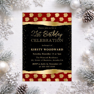 Invitation Fleur de Noël rouge et or 21e anniversaire