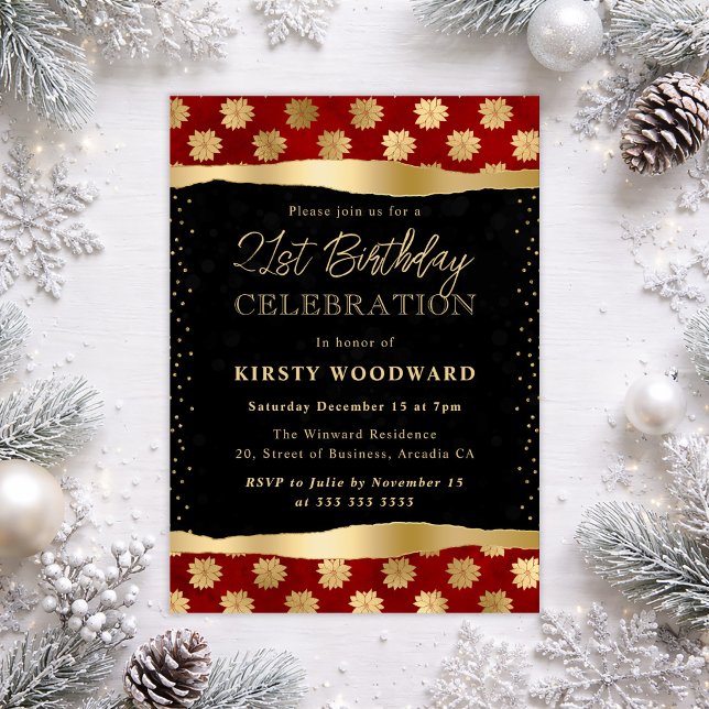 Invitation Fleur de Noël rouge et or 21e anniversaire (Créateur téléchargé)