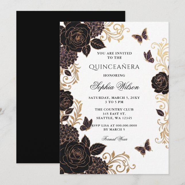 Invitation Fleur de papillon de Quinceañera en or noir (Devant / Derrière)