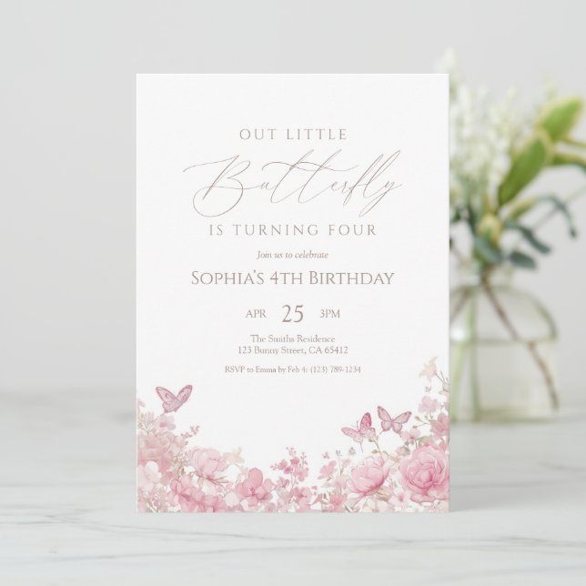 Invitation Fleur de papillon rose anniversaire (Debout devant)