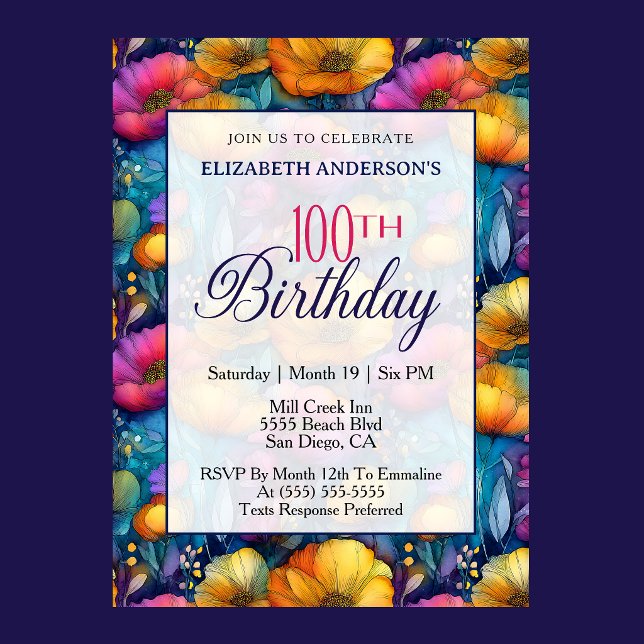 Invitation Fleur de pavot colorée et vibrante 100e anniversai (Colorful vibrant poppy flowers 100th birthday invitation for woman milestone celebration
)